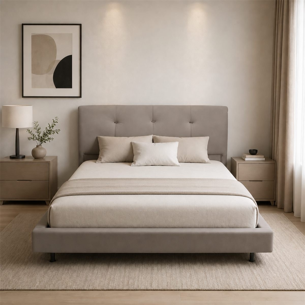 KIRA upholstered bed styled in a bedroom