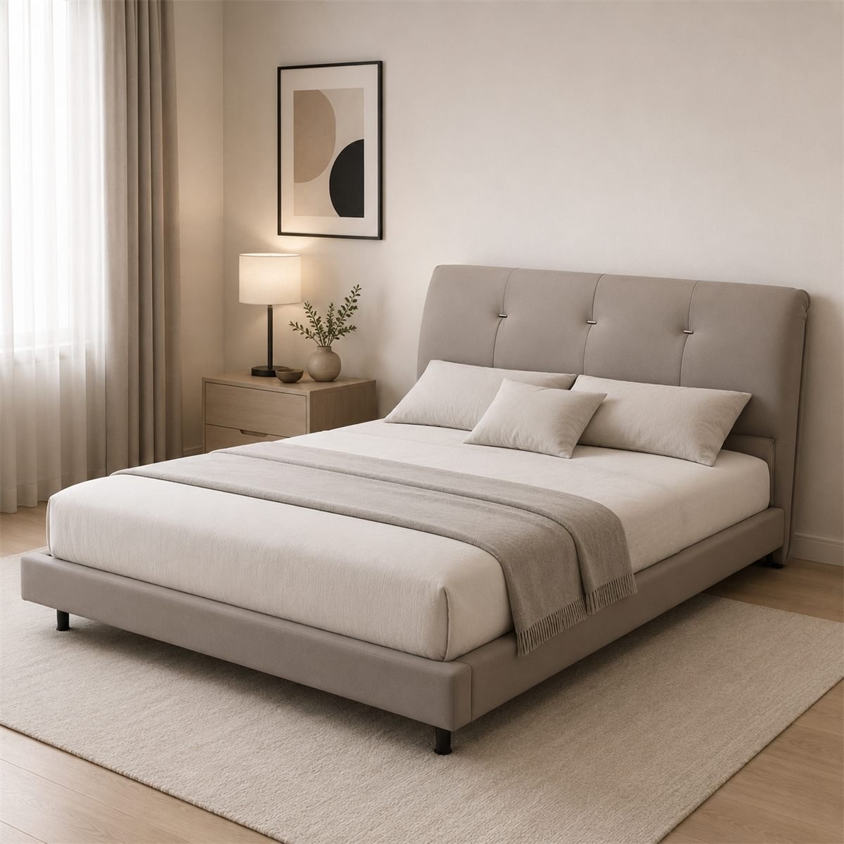 KIRA Panel Bed in a bedroom, made up with the KIRA Sunrise Mattress